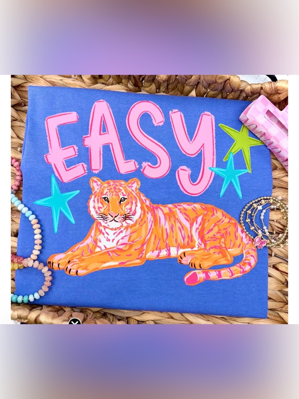 Comfort Colors Blue Tee with Neon Pink 'EASY' & Orange Tiger Graphic